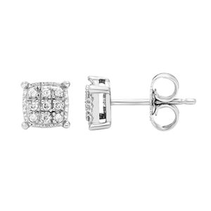 Sterling Silver Diamond Accent Square Cluster Stud Earrings
