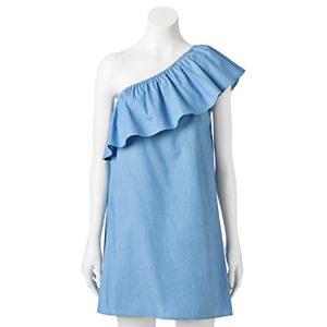 Juniors' Love, Fire Challis One Shoulder Ruffle Shift Dress