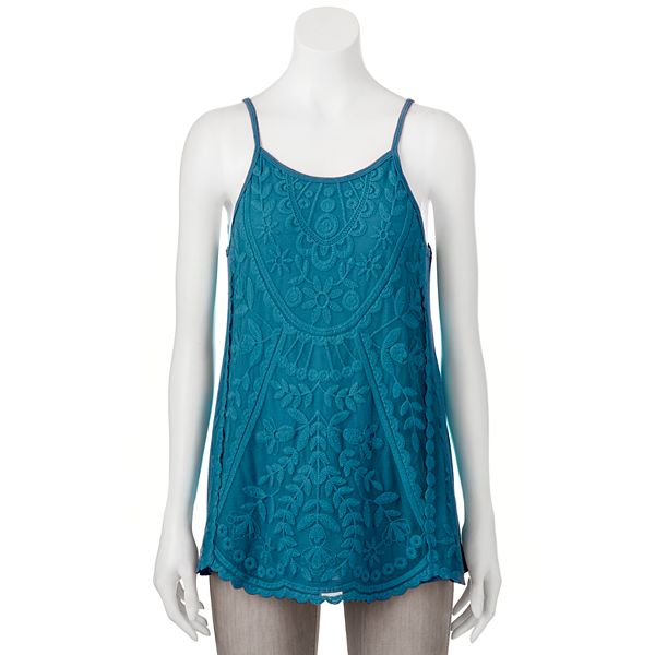 Juniors' Rewind Embroidered Cage Back Tank