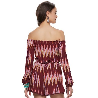Juniors' About A Girl Print Off-the-Shoulder Romper 
