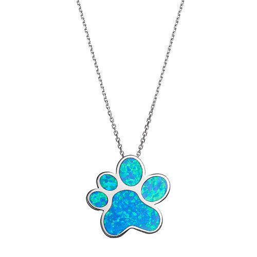 Sterling Silver Lab-Created Blue Opal Paw Print Pendant