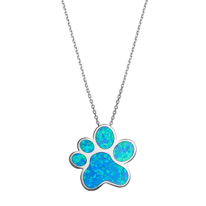 Sterling Silver Lab-Created Blue Opal Paw Print Pendant, Womens, Size: 18