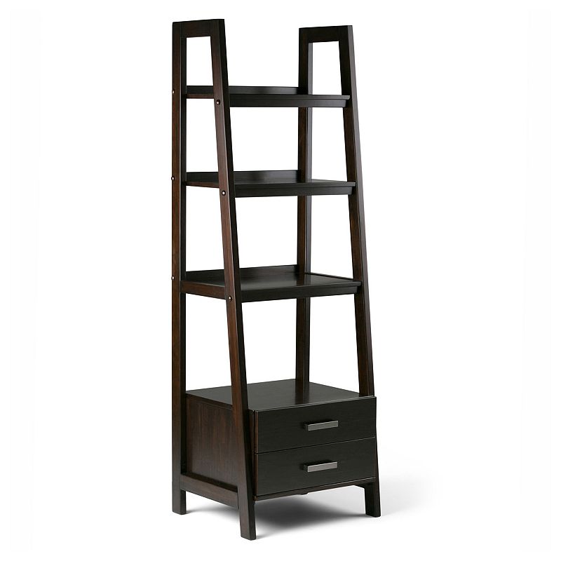 Simpli Home Sawhorse 2-Drawer Ladder Bookshelf, Brown