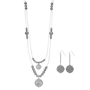 Filigree Medallion Double Strand Necklace & Drop Earring Set