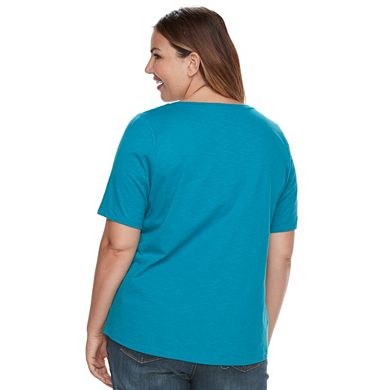 Plus Size Croft & Barrow® Embroidered Scoopneck Tee