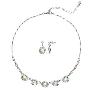 Iridescent Simulated Crystal Oval Halo Necklace & Drop Earring Set