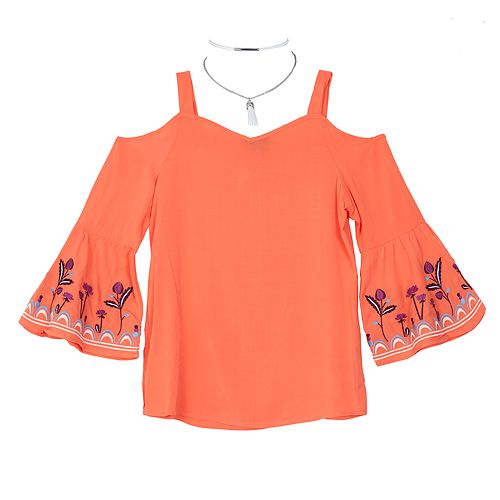 Amy Byer Girls 7-16 Bell Sleeve Top with Necklace