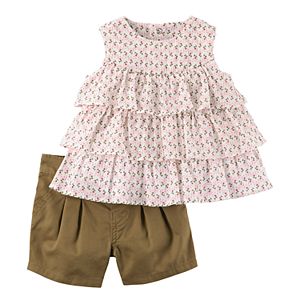 Baby Girl Carter's Tiered Flower Crinkle Tank Top & Twill Shorts Set