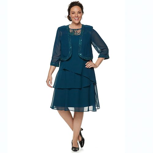 Plus Size Le Bos Embroidered Tiered Evening  Dress  Jacket  Set 