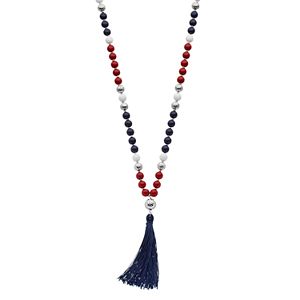 Red, White & Blue Long Beaded Tassel Necklace