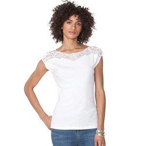 Petite Chaps Lace-Yoke Boatneck Tee