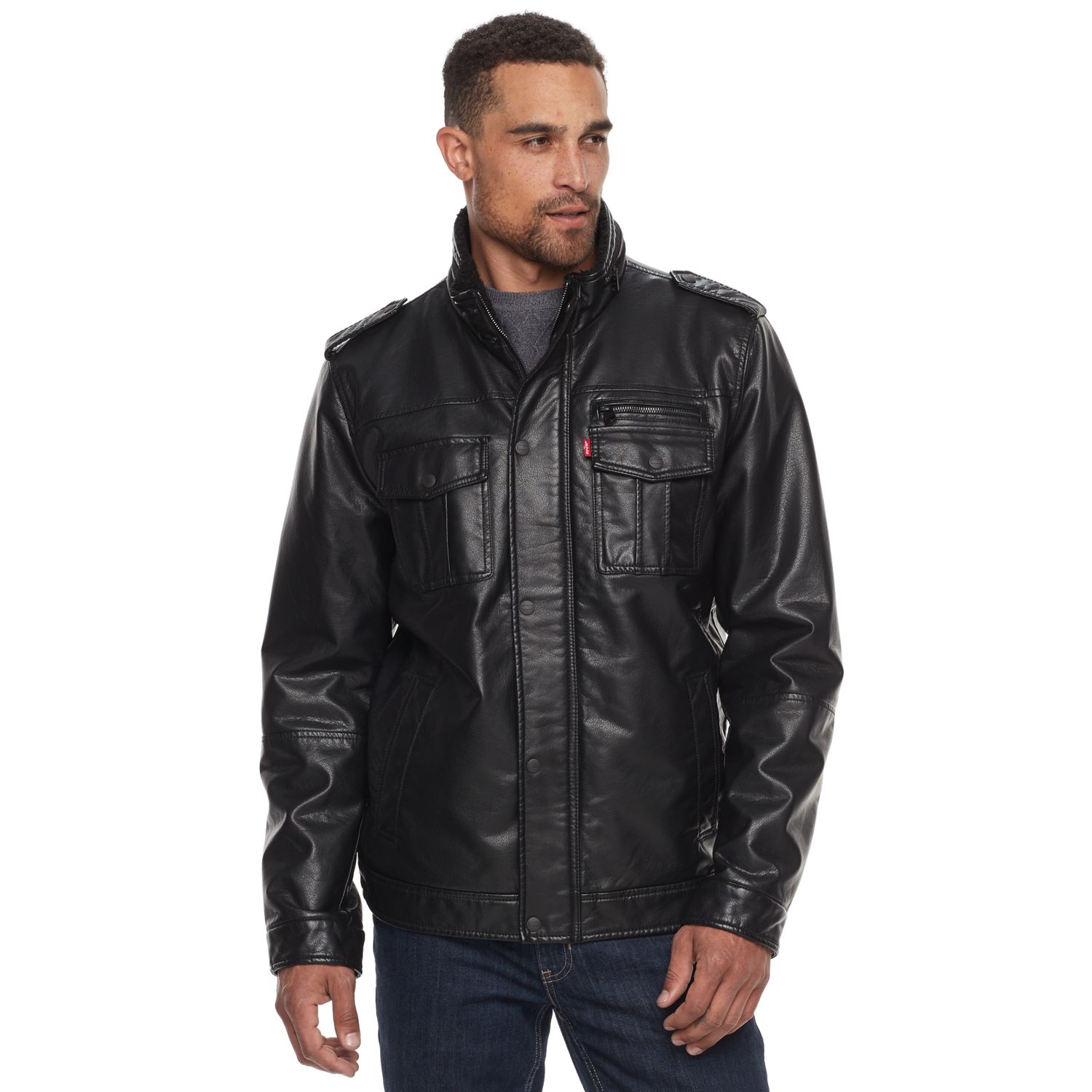 Sherpa-Lined Faux-Leather Trucker Jacket