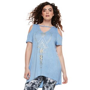 madden NYC Juniors' Plus Size Cold Shoulder Swing Tee