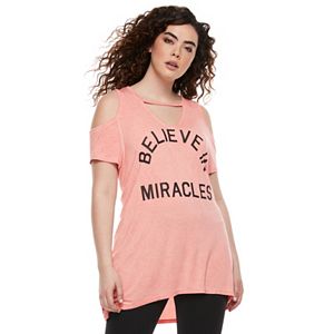 madden NYC Juniors' Plus Size Cold Shoulder Swing Tee