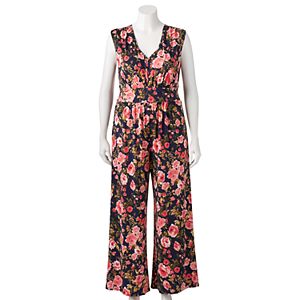 Juniors' Plus Size Wrapper Wide Leg Floral Print Jumpsuit
