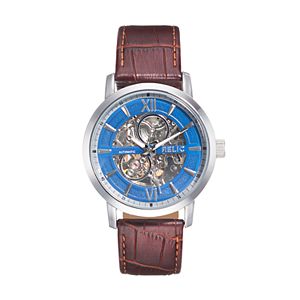 Relic Men's Bryson Leather Automatic Skeleton Watch
