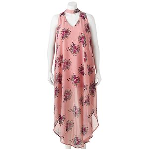 Juniors' Plus Size Wrapper Floral Print Choker Neck Dress