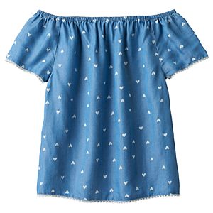 Girls 7-16 SO® Off Shoulder Heart Pattern Woven Babydoll Top