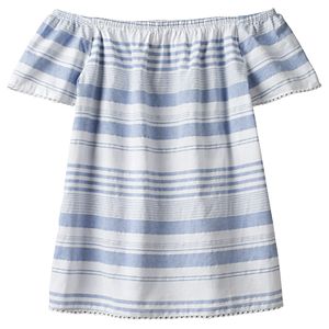Girls 7-16 SO® Off Shoulder Metallic Striped Woven Babydoll Top