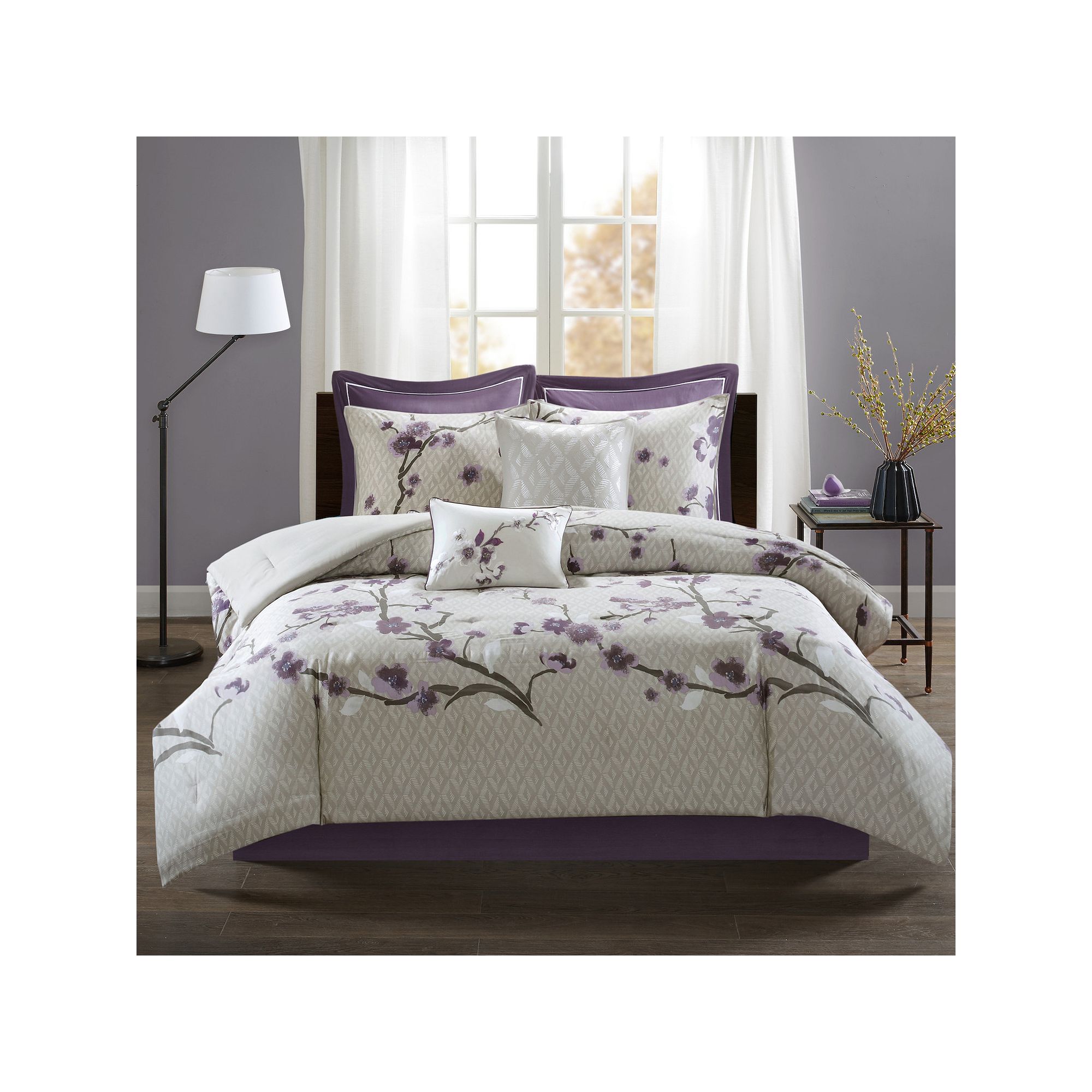 Madison Park 8-piece Isabella Cotton Comforter Set with Throw Pillows, Purp