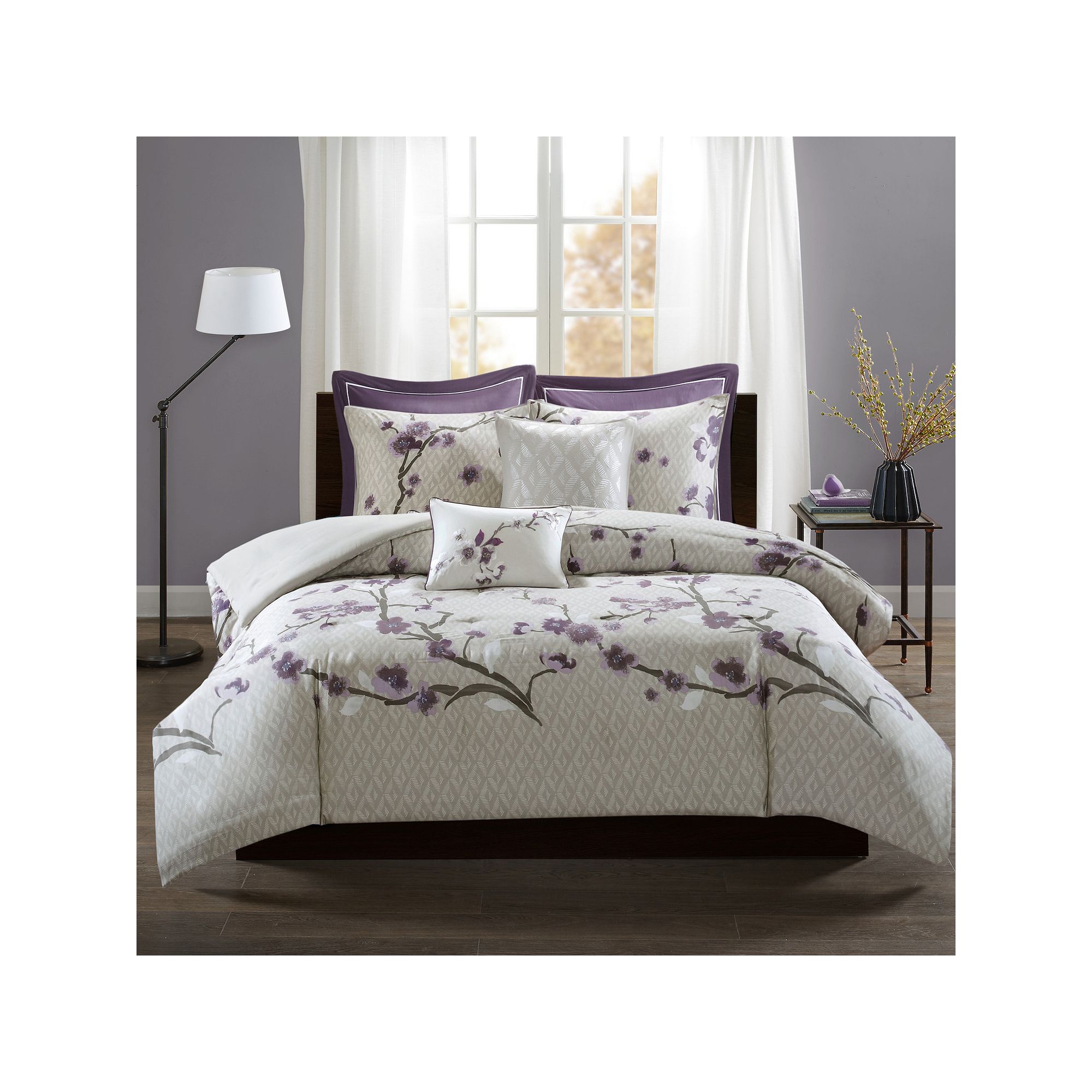 Madison Park 7-Piece Isabella Cotton Duvet Cover Set, Purple Taupe
