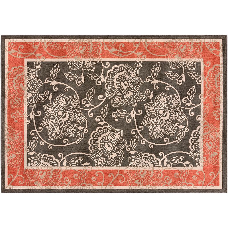 Decor 140 Aoraki Framed Floral Indoor Outdoor Rug, Black, 7Ft Rnd