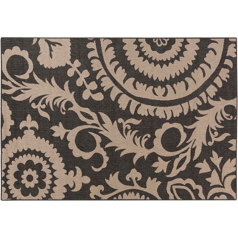 Decor 140 Big Pine Floral Indoor Outdoor Rug, Black, 7.5X11 Ft