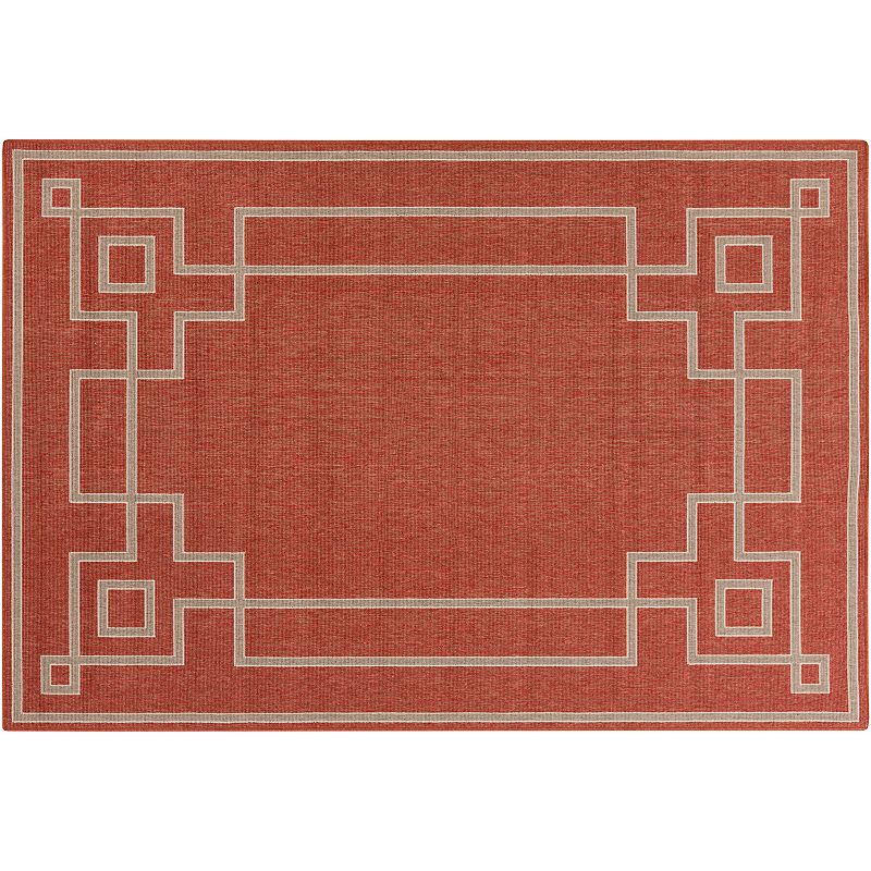 Decor 140 Blanche Framed Geometric Indoor Outdoor Rug, Red, 7Ft Rnd