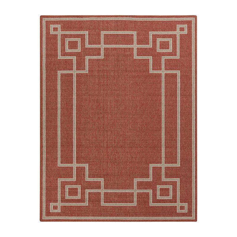 Decor 140 Blanche Framed Geometric Indoor Outdoor Rug, Red, 7Ft Sq