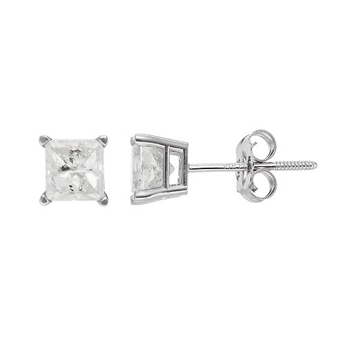 14k White Gold 1 Carat T.W. Diamond Square Solitaire Stud Earrings