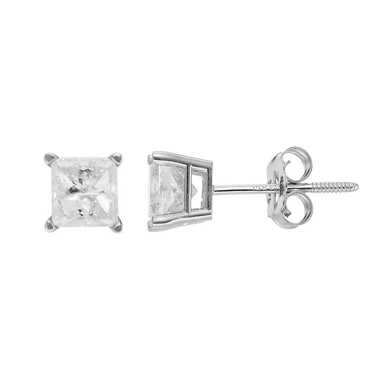 14k White Gold 1 Carat T.W. Diamond Square Solitaire Stud Earrings, Womens