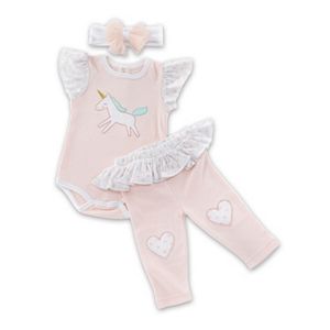Baby Girl Baby Aspen Unicorn Bodysuit, Heart Leggings & Headband Set