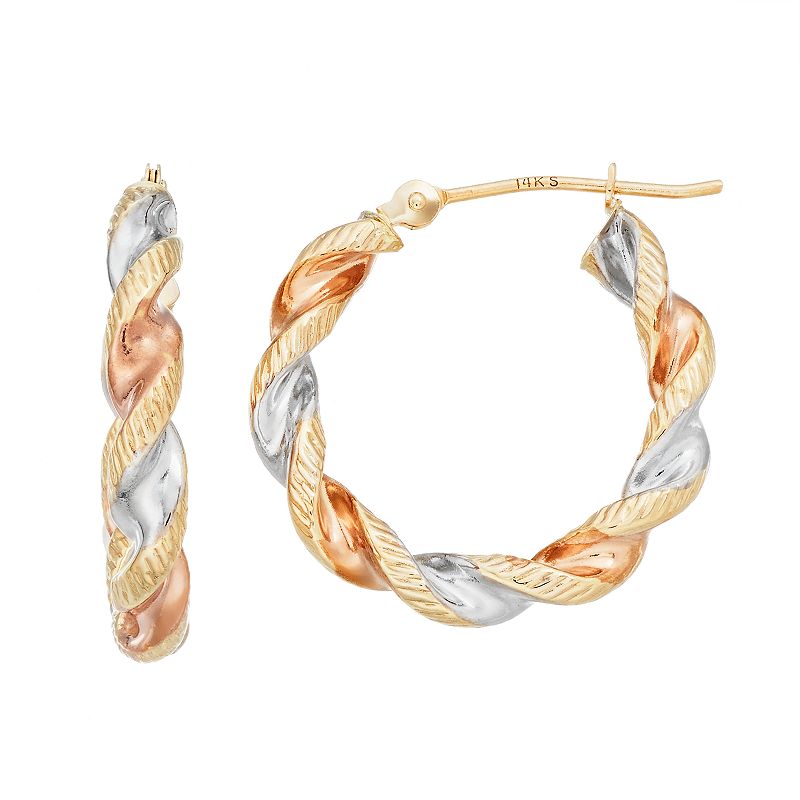 Forever 14K Tri Tone Textured Twist Hoop Earrings, Womens, Gold