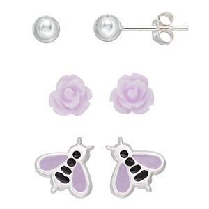 Charming Girl Kids' Sterling Silver Ball, Flower & Bee Stud Earring Set