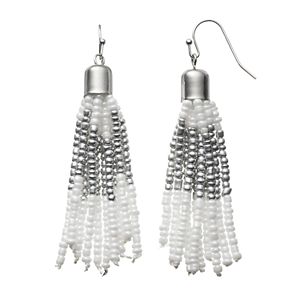 White Seed Bead Tassel Drop Earrings