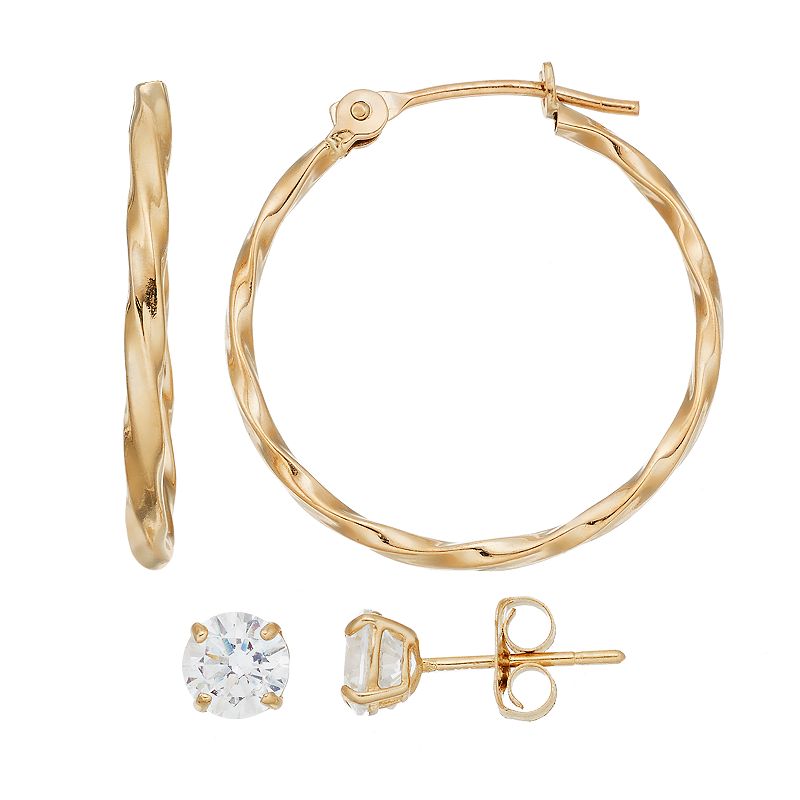 Forever 14K Textured Hoop & Cubic Zirconia Stud Earring Set, Womens, White
