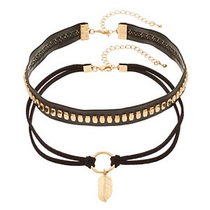 Studded & Leaf Charm Black Faux Leather Choker Necklace Set