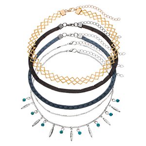 Blue Shaky Bead, Lace & Faux Suede Choker Necklace Set