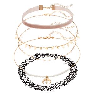 Pink Velvet, Crescent, Shaky Leaf & Tattoo Choker Necklace Set