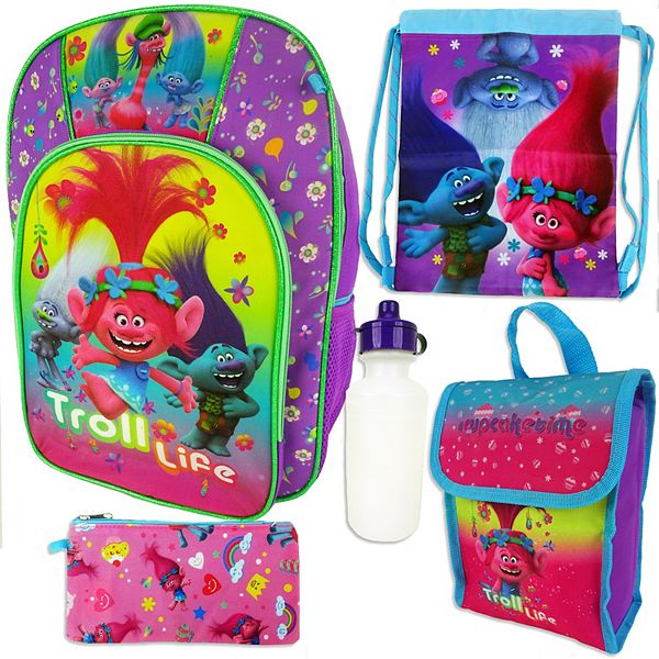 Water Bottle Trolls Poppy Backpack 5-piece Set Kids School Essentials Lunch Bag 
