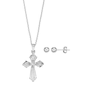 Charming Girl Sterling Silver Kids' Cross Pendant & Ball Stud Earring Set