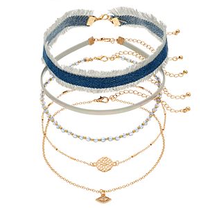 Frayed Denim, Medallion, Evil Eye & Beaded Choker Necklace Set