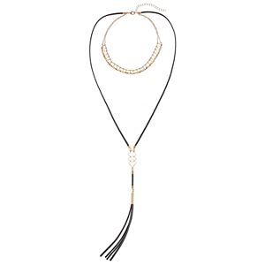 Layered Cube Bead Choker & Gray Faux Suede Tassel Necklace