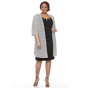 Plus Size Maya Brooke Solid Sheath Dress & Striped Jacket Set