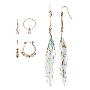 Mudd® Aqua Feather Drop & Beaded Hoop Earring Set