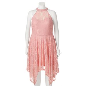 Juniors' Plus Size Wrapper Lace Handkerchief Hem Dress
