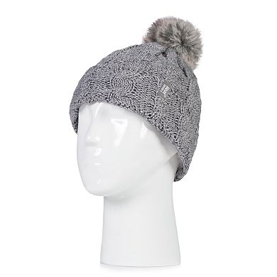 Women's Heat Holders Cable Knit Rolled Pom Pom Beanie