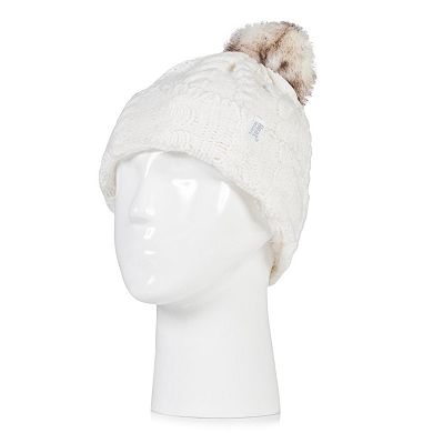 Women's Heat Holders Cable Knit Rolled Pom Pom Beanie