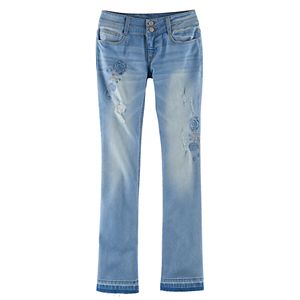 Girls 7-16 & Plus Size Mudd® Embroidered Flower Ripped Double-Button Skinny Bootcut Jeans