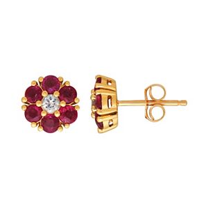 10k Gold Ruby & White Sapphire Flower Stud Earrings